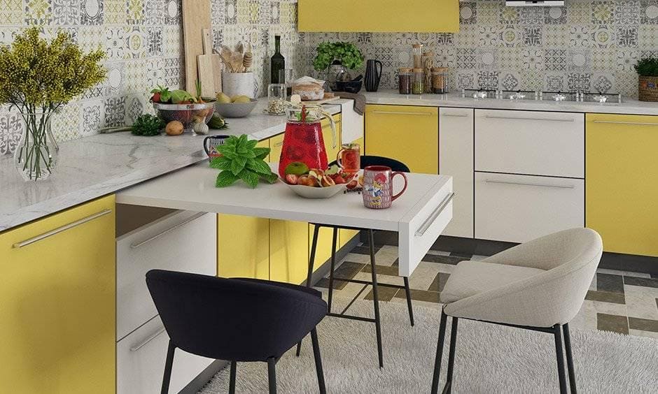 Multipurpose furniture with a kitchen drawer transform into a smart breakfast pull-out for a small family with a tiny kitchen