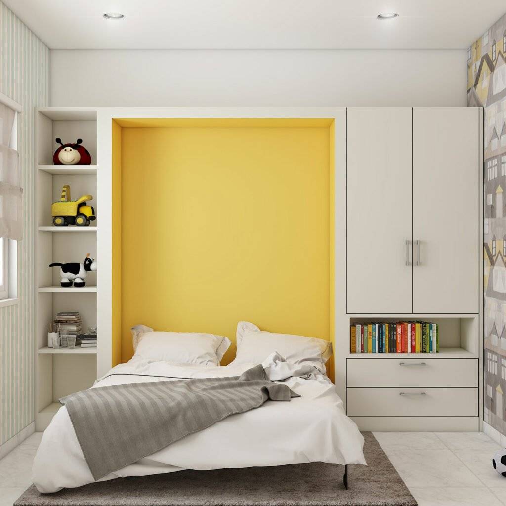 Wall mounted murphy bed design to utilise the full potential of the space, its very useful for space saving in small rooms A wardrobe cum bed is a multifunctional furniture with a wall mounted pullout bed in Bangalore, Mumbai and Hyderabad