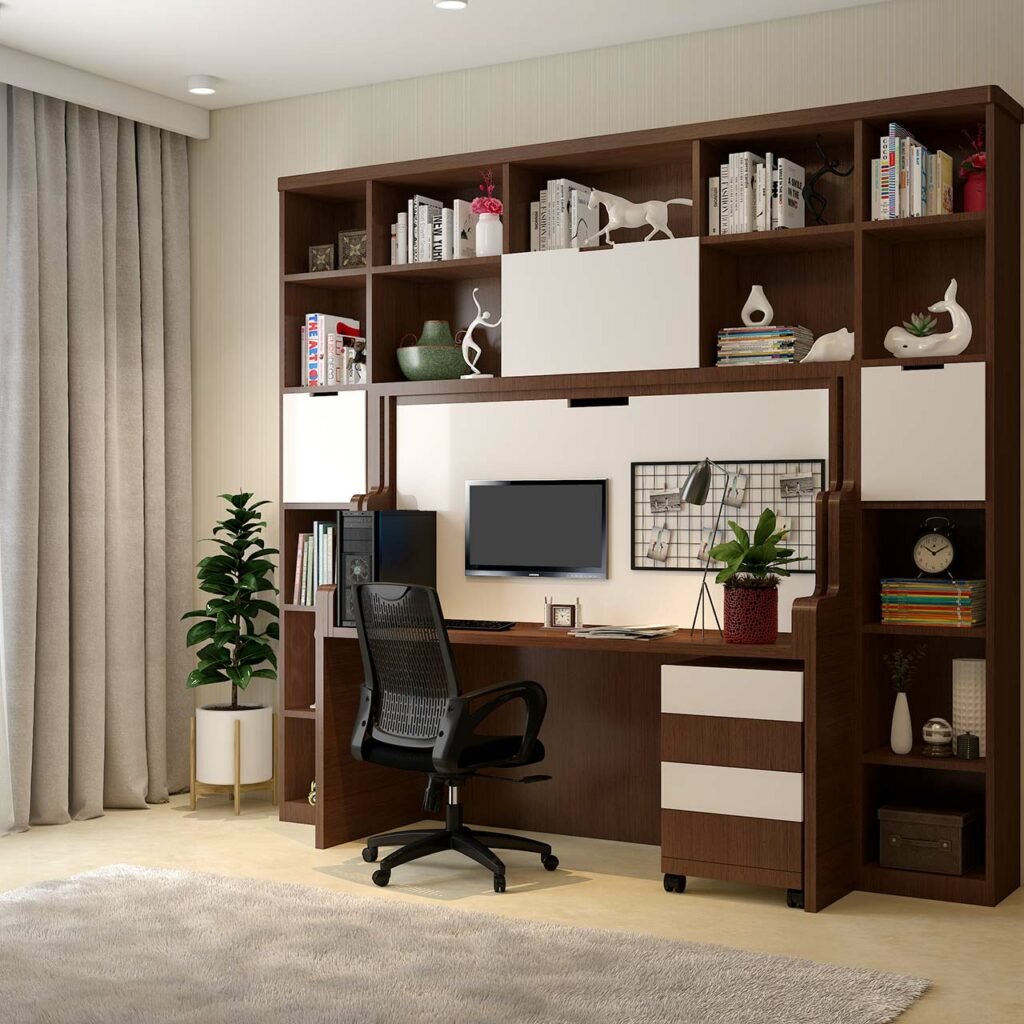 The flip up desk wall mounted murphy bed is a multipurpose bed, its folds down and becomes a bedding solution and flipped up to make a home study A multipurpose Murphy bed that can be folded into a study table, is a multifunctional wall mounted bed at best price in India