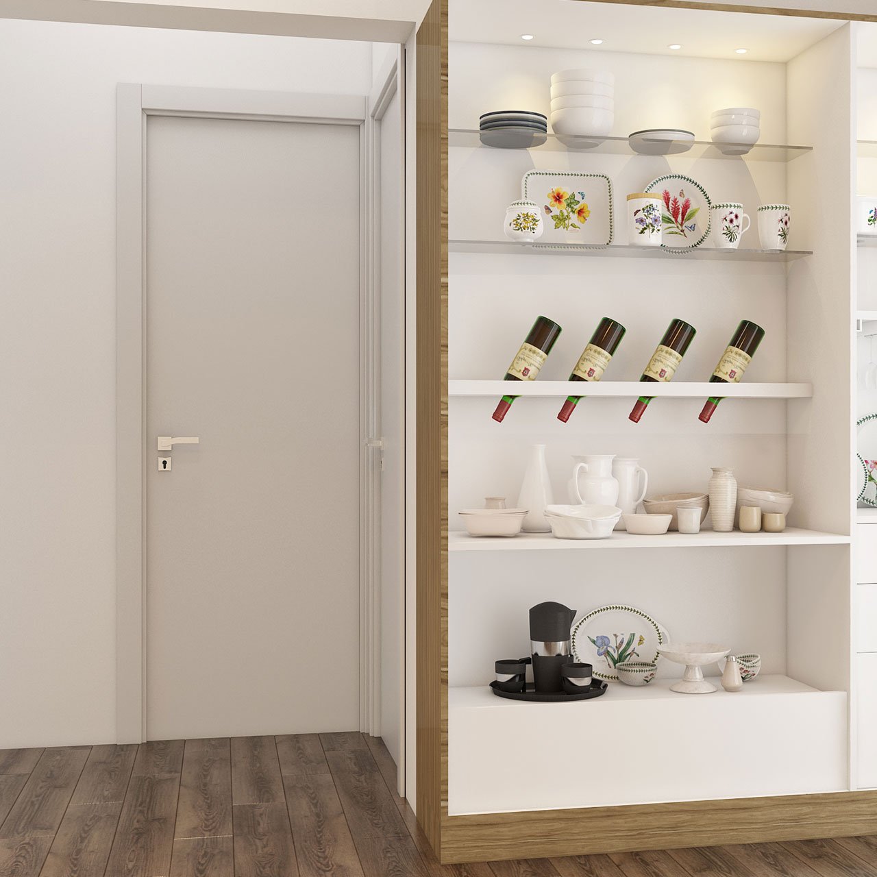 Farmhouse interior design with open shelves and cabinets