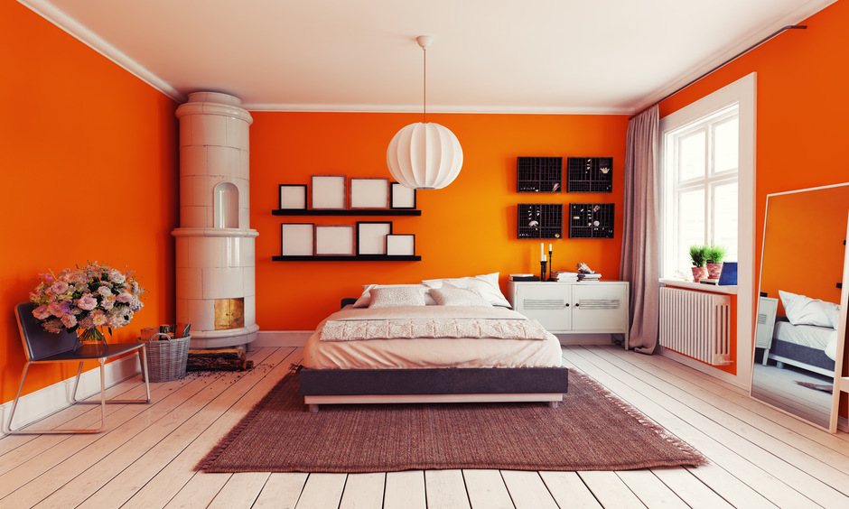 Inspiring orange two-colour combination for bedroom walls