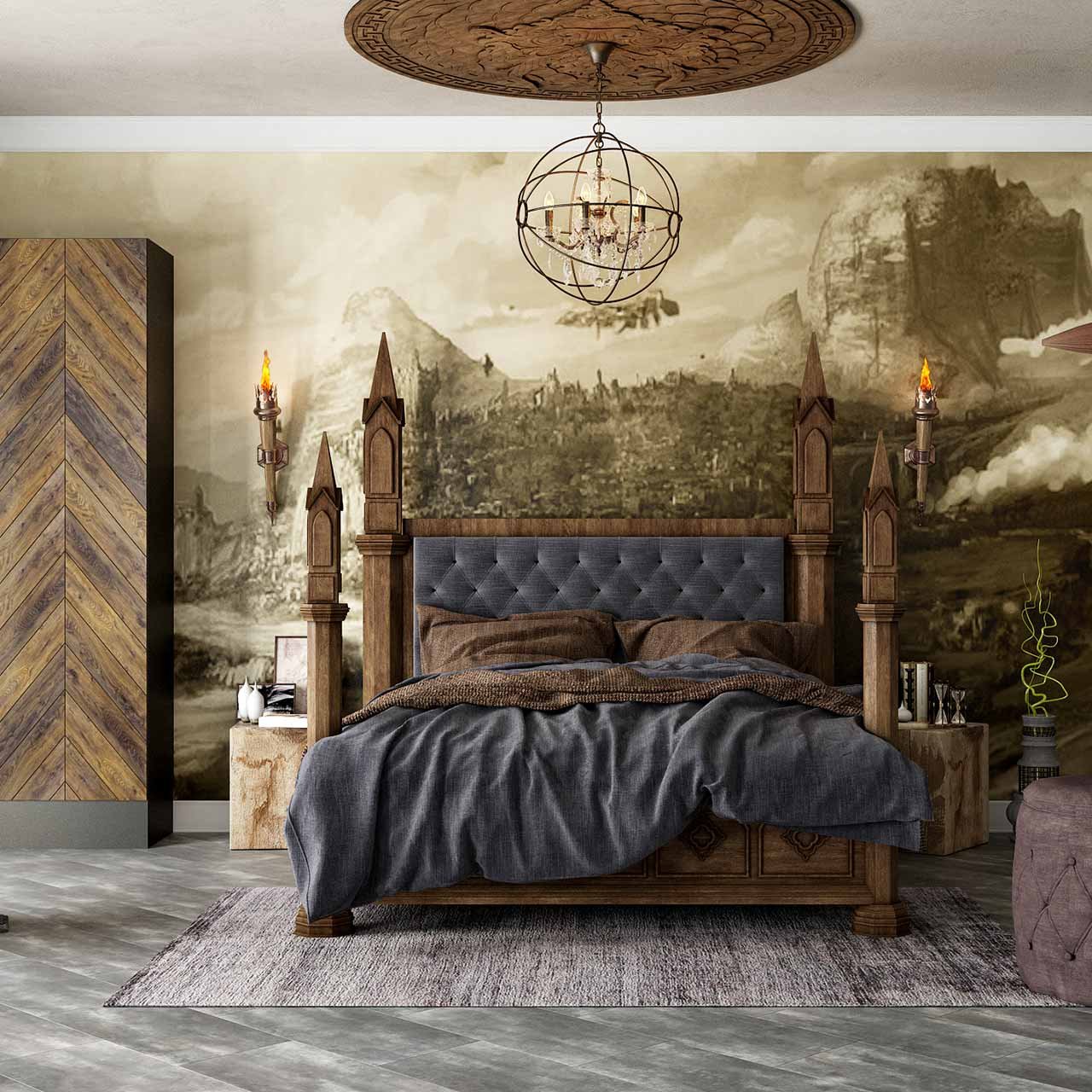 Bungalow interior design with wooden beds with bedposts, wooden almirahs and storage boxes