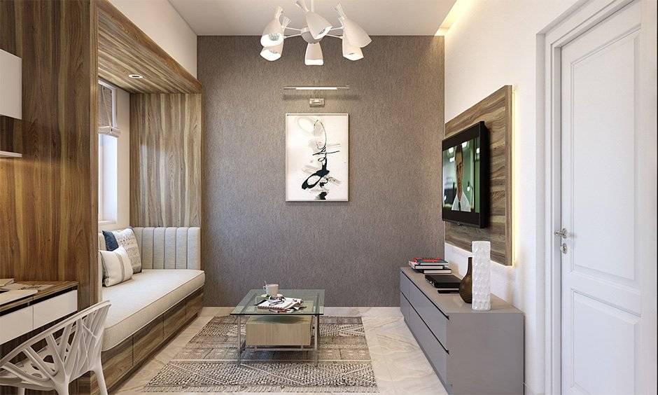 A rectangular living room layout with a wall-mounted tv unit and a window bay sofa unit A rectangular living room layout with a wall-mounted tv unit and a window bay sofa unit