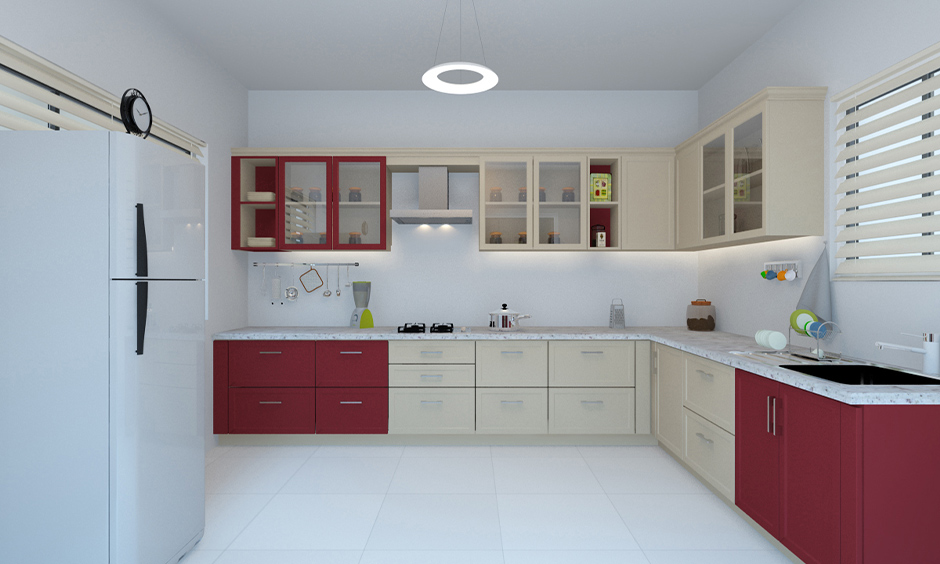 Red and white kitchen cabinets create a vibrant yet organised modern kitchen design