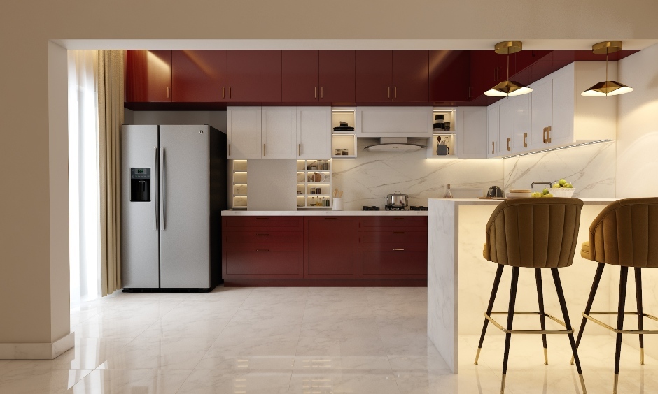 Glossy red and white kitchen furniture colour incorporates a marble backsplash, extended breakfast counter, and LED accents.