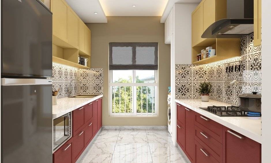 A vibrant parallel kitchen includes yellow handleless overhead cabinets, red base cabinets, and stylish storage options.