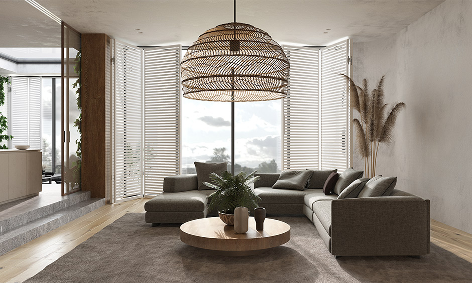 Scandinavian minimalist interior design uses earthy tones and natural textures to create a bright, spacious living room