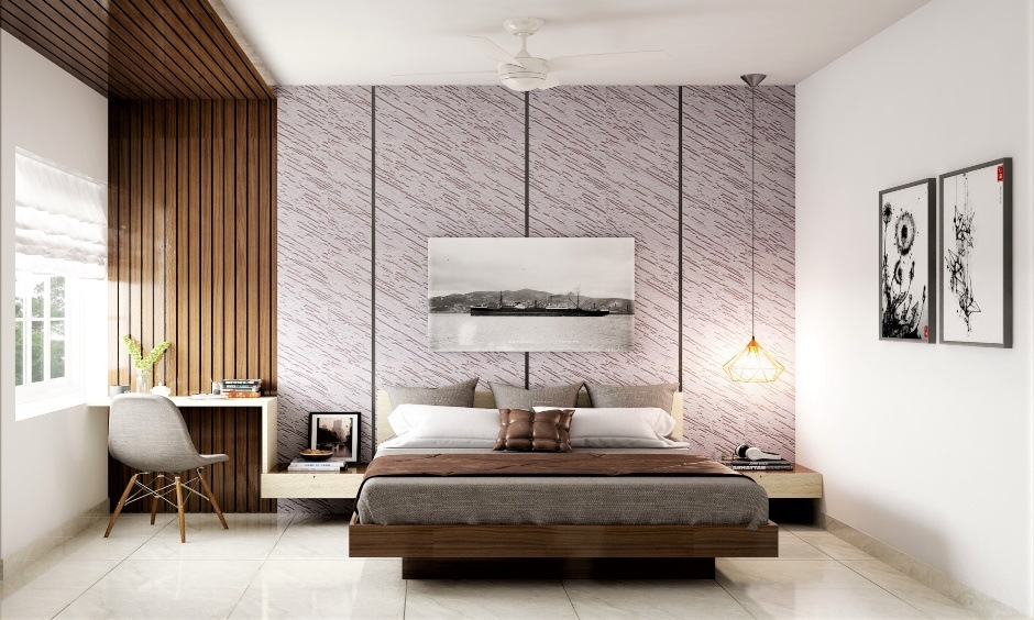 Modern Scandinavian bedroom with minimalist grey-white palette, showcasing top home design trends in Ahmedabad 2025