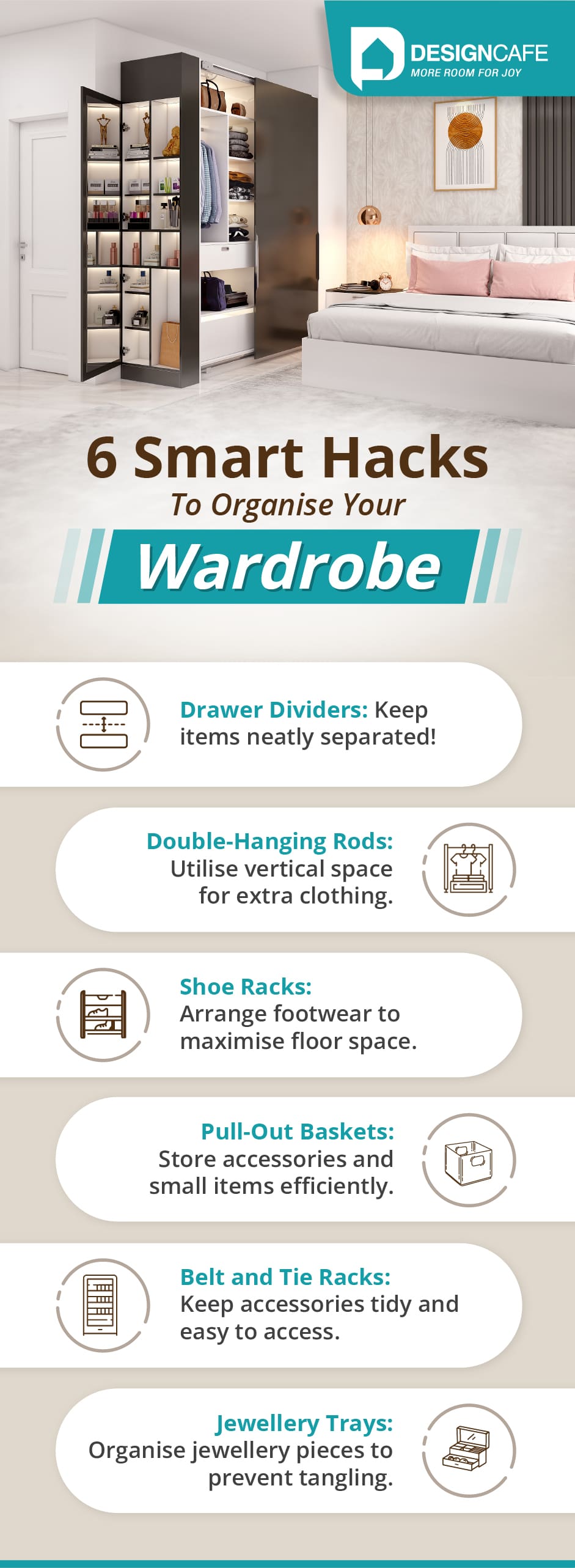 Smart wardrobe organization hacks: drawer dividers, double-hanging rods, shoe racks, and jewellery trays for efficiency