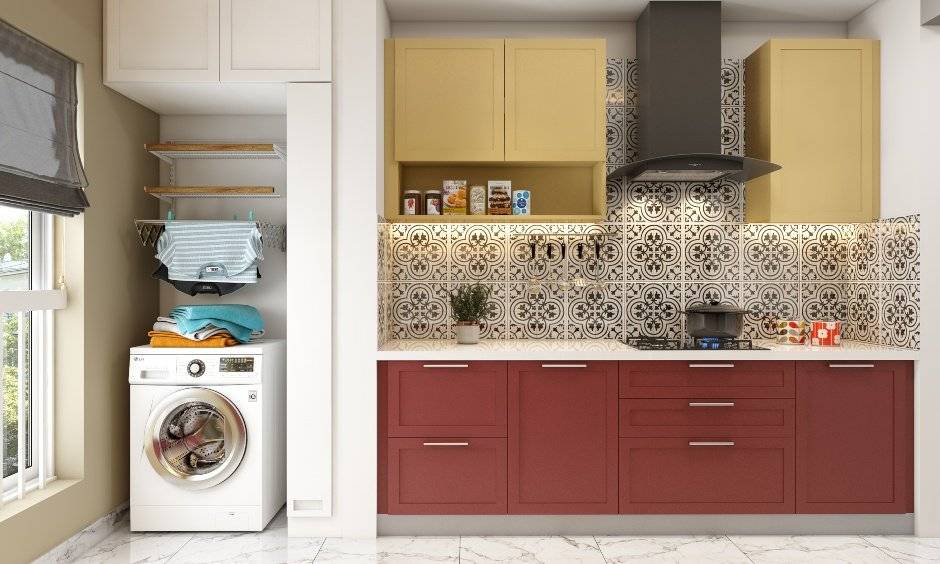 Compact parallel kitchen design with a laundry area adjacent to it