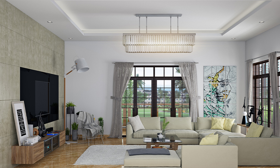 Room with rectangular ceiling lamps, adding style and function while complementing the false ceiling design