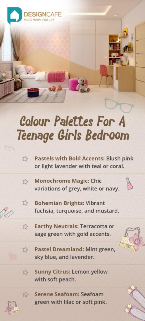 Variety of colour palettes perfect for creating a stylish and personalized space for a teenage girl bedroom