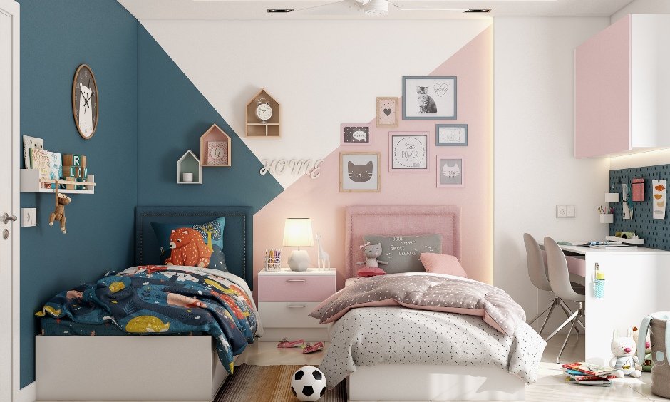 The kids room is designed in dual colours to amalgamate their preferences seamlessly by best budget interior designers in chennai
