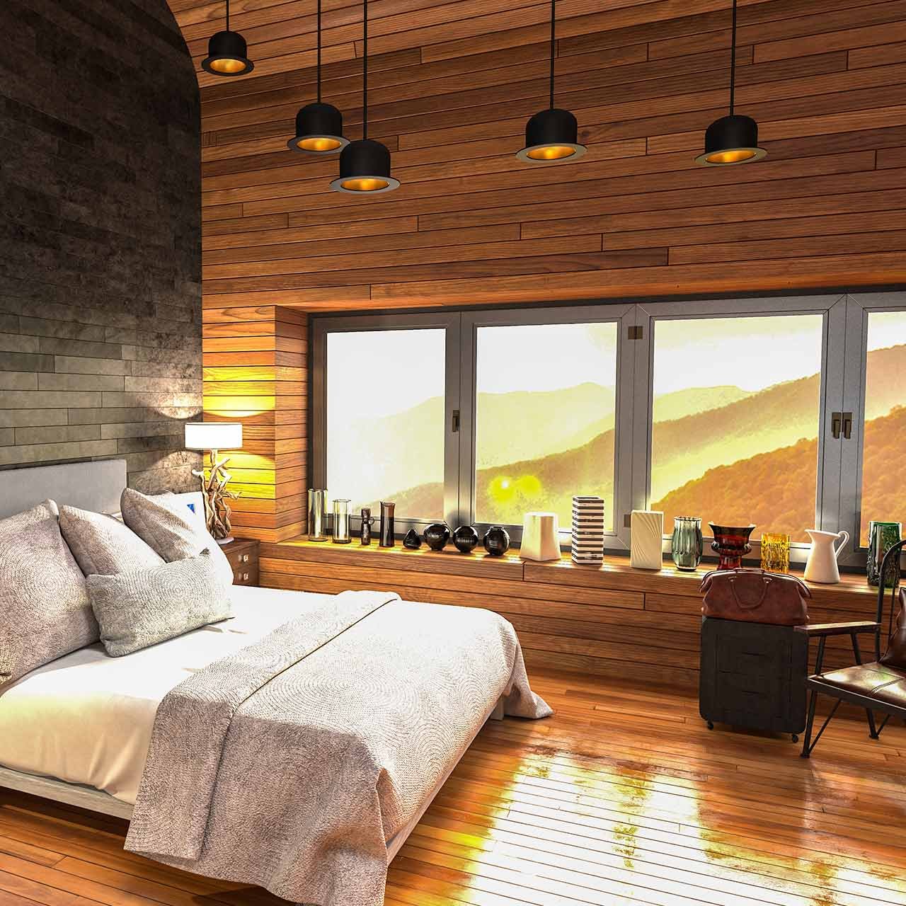 Country style bedroom design with woody elements