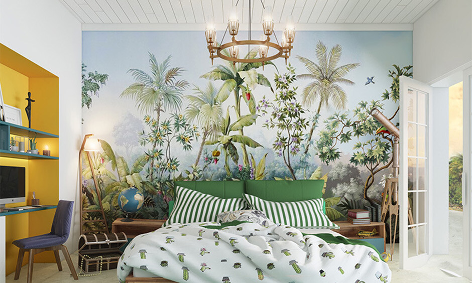 2025 trending wallpaper for bedroom showcases tropical jungles and abstract designs for a modern, nature-inspired look