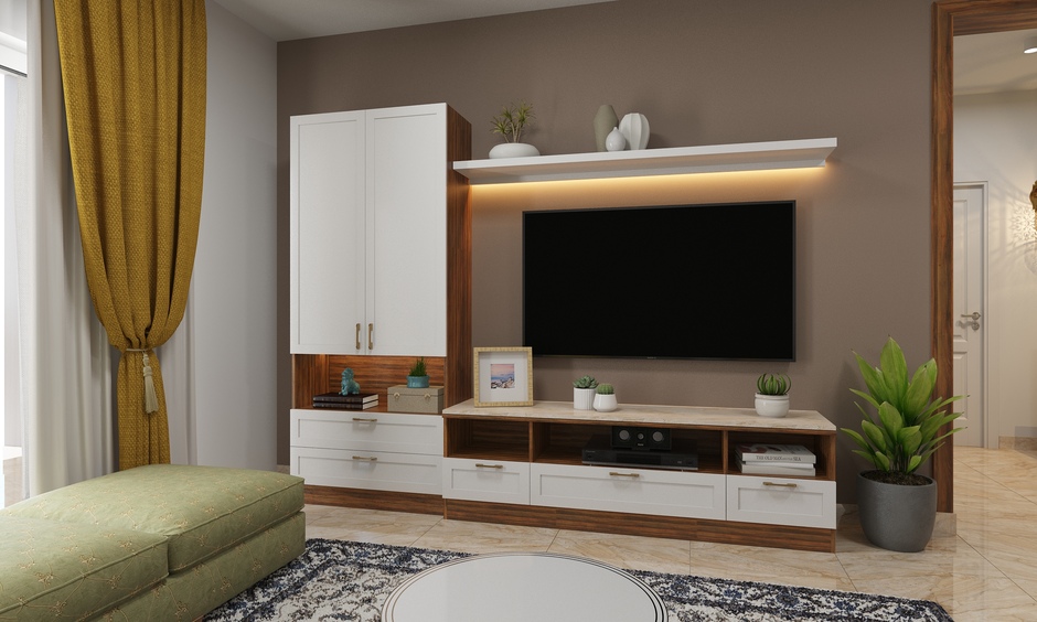 Wooden TV unit with a white marble top and ample storage for media devices and essentials, adding subtle luxury.