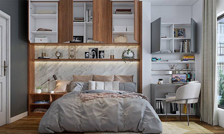 Wall-mounted bedroom cabinets optimise every inch of available space and create a clean and cohesive aesthetic